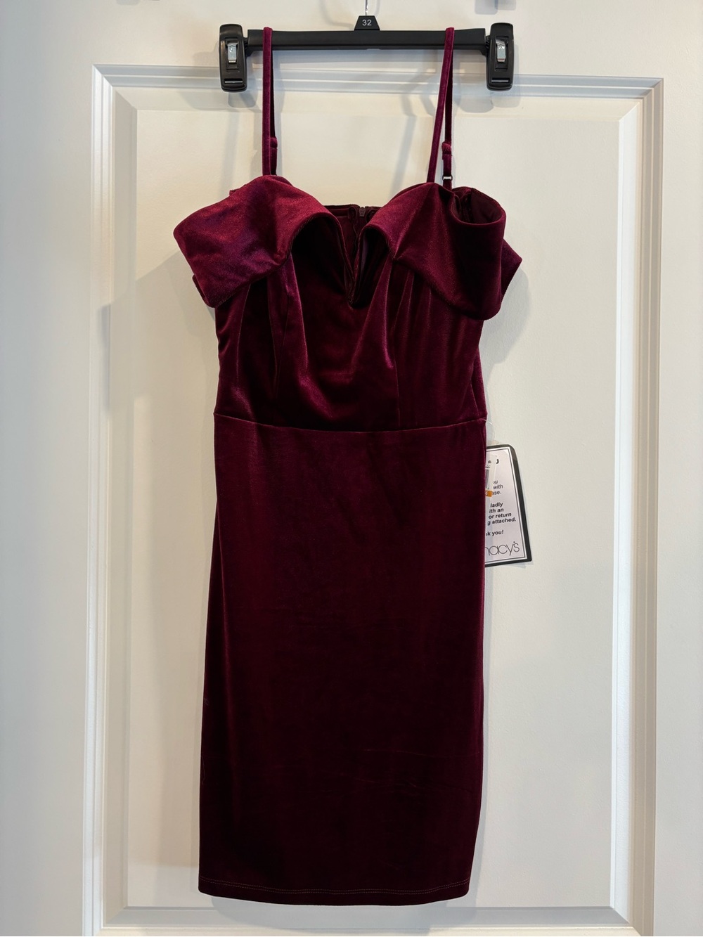 B Darlin Burgundy Velvet Off-Shoulder Midi Dress with Spaghetti Straps